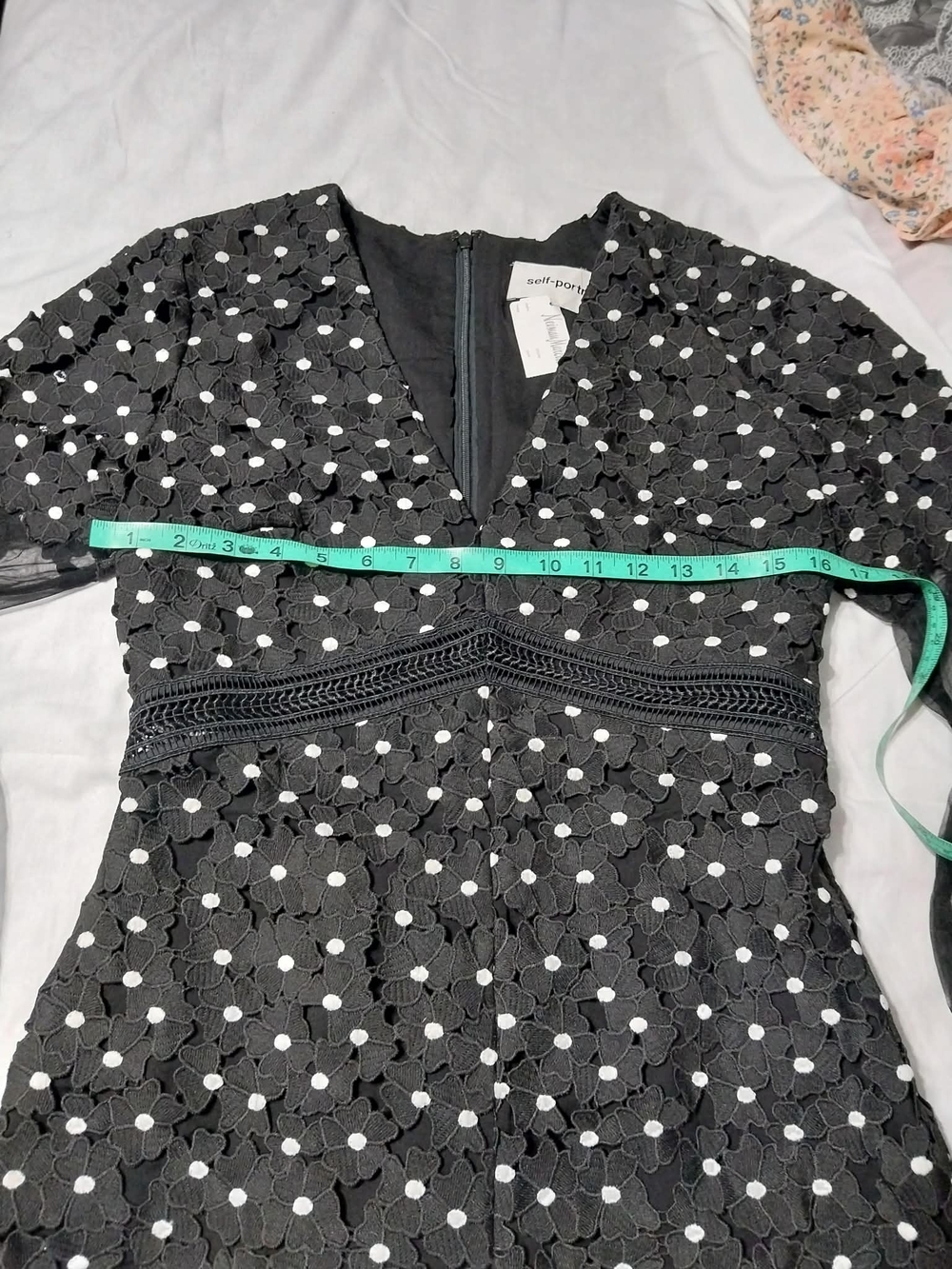 Self-Portrait Black Floral Appliqué Mesh Long-Sleeve Romper with White Dots - Picture 3 of 9